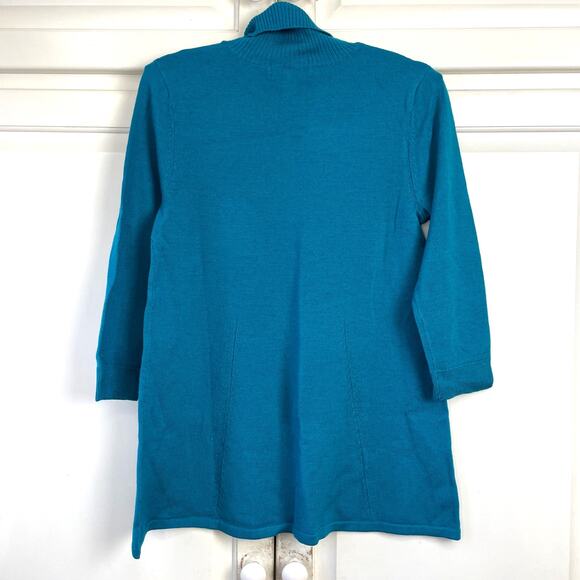 Lands End Wmns Sz XS Sweater 100% Merino Wool Aqua Blue Flare Waist 3/4 Slv NWOT - Picture 2 of 10